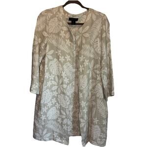 Tahari‎ Womens Sz L Linen Blend Palm Leaf Open Mid-Length Cardigan Lightweight